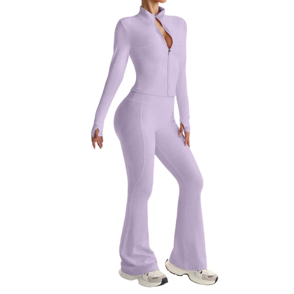 LIUJUNSHOP Women 2 Piece Outfits Tracksuit Set Long Sleeve Full Zipper Crop Jacket and Flare Pants Workout Set With Pockets Light Purple S
