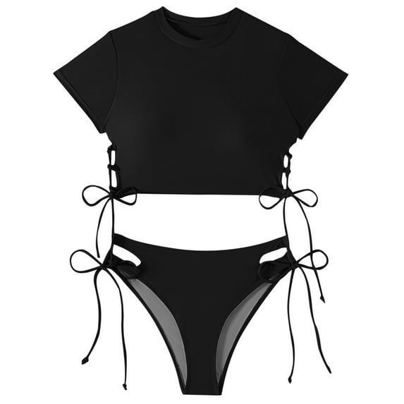 LIUJUNSHOP Women Swimsuits Short Sleeve Bathing Suit Solid 2 Piece Drawstring Swimwear