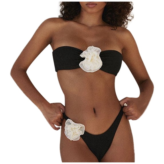 LIUJUNSHOP Women's 2 Piece Strapless Bikini Sets 3D Floral Scallop Trim Tie Back Low Rise Bathing Suit Textured Swimsuits