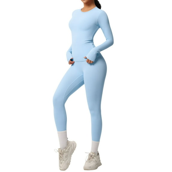 LIUJUNSHOP Women's 2 Piece Yoga Sets Long Sleeve Gym Tracksuit High Waist Running Leggings & Crop Top Outfits Sky Blue L