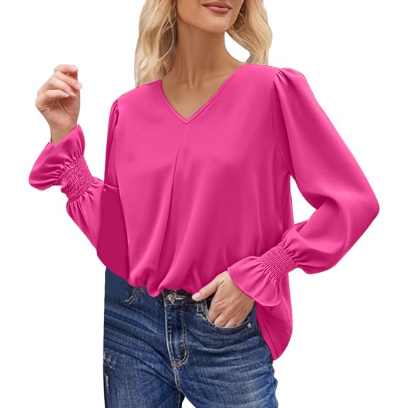 LIUJUNSHOP Women's 2026 Long Sleeve Tops Dressy Casual V Neck Tunic Shirts Loose Chiffon Work Blouse