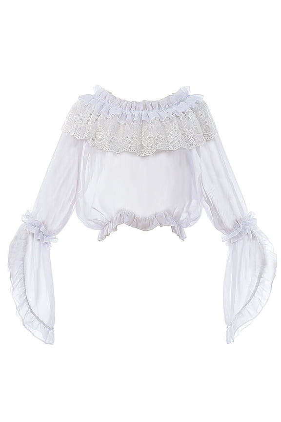 Women's 70s Gothic Off Shoulder Tops Bell Flared Sleeve Lace Mesh Crop Top Country Concert Outfits