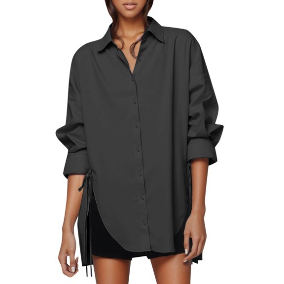 LIUJUNSHOP Women's Button Down Shirt Dress with Pockets Oversize Collared Long Sleeve High Low Tunic Dresses Blouse