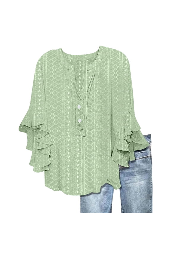 Women's Casual Boho Floral Print Tops Loose V Neck 3/4 Wave Bell Sleeve Flowy Shirts Summer Blouses