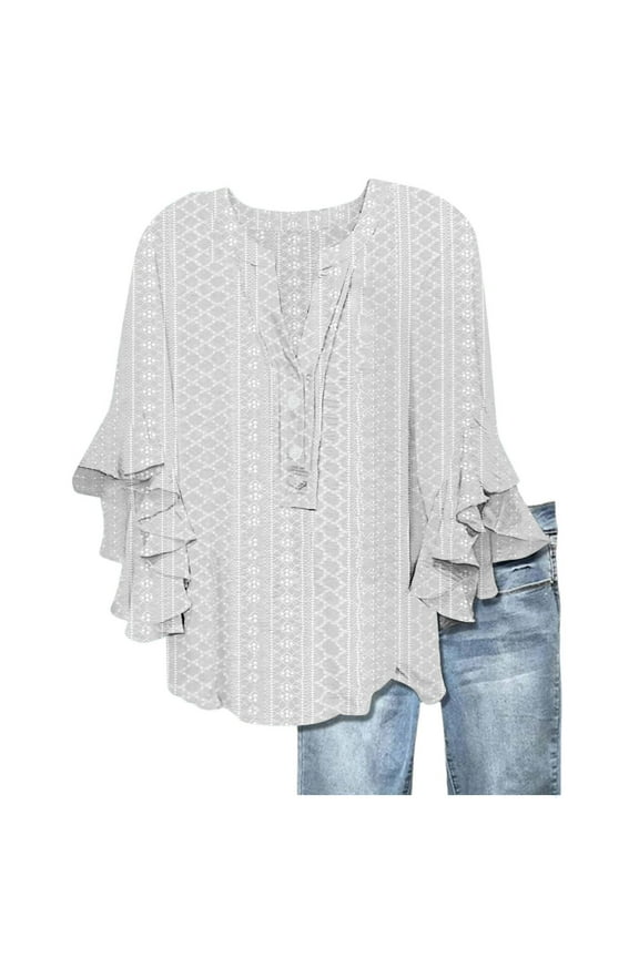 Women's Casual Boho Floral Print Tops Loose V Neck 3/4 Wave Bell Sleeve Flowy Shirts Summer Blouses