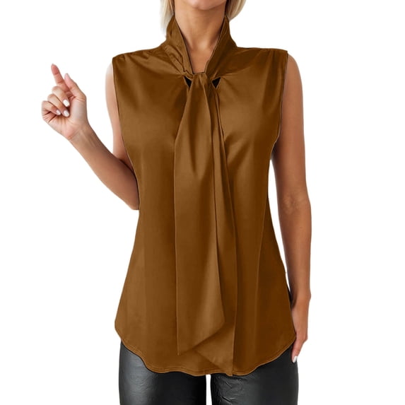 LIUJUNSHOP Women's Elegant Bow Tie Neck Sleeveless Blouse Office Workwear Shirt Top