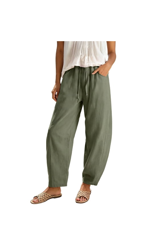 Women's Linen Harem Pants Casual Loose Fit Beach Drawstring Elastic Waist Yoga Trousers with Pockets