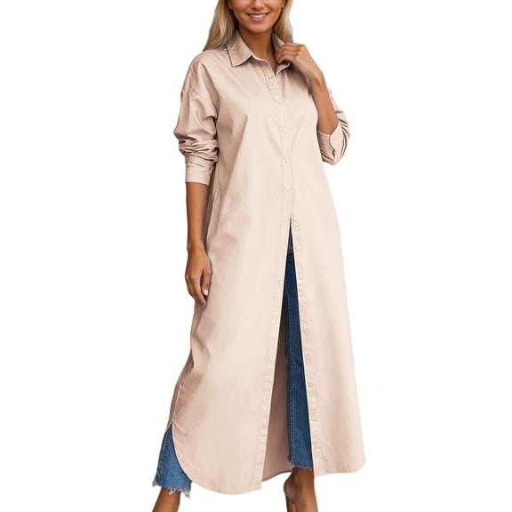 LIUJUNSHOP Women's Long Sleeve Button Down Shirt Dress Spring Casual Maxi Dresses Loose Fit Blouse Dress with Pockets