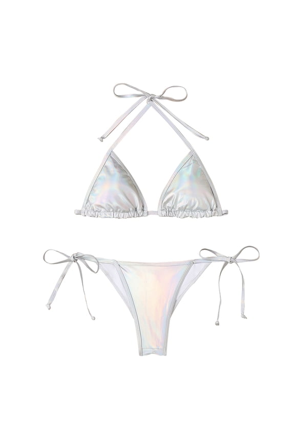 Women's Metallic Triangle Halter Bikini Sets Shiny Tie Back Pearl String Two Piece Swimsuit Bathing Suit Set