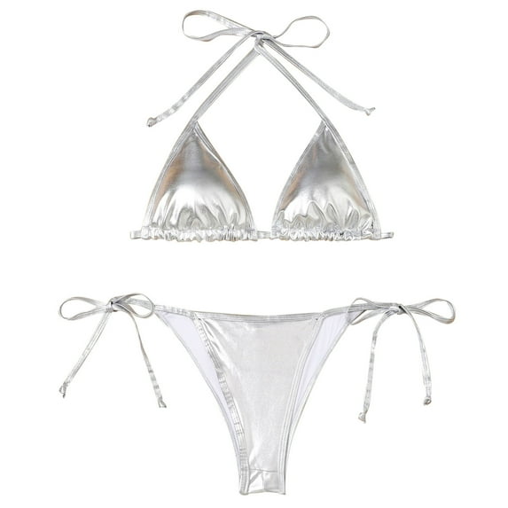 LIUJUNSHOP Women's Metallic Triangle Halter Bikini Sets Shiny Tie Back Pearl String Two Piece Swimsuit Bathing Suit Set