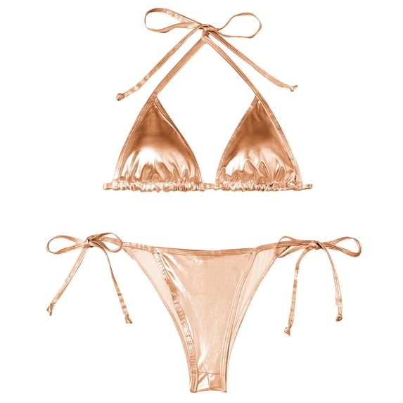 LIUJUNSHOP Women's Metallic Triangle Halter Bikini Sets Shiny Tie Back Pearl String Two Piece Swimsuit Bathing Suit Set