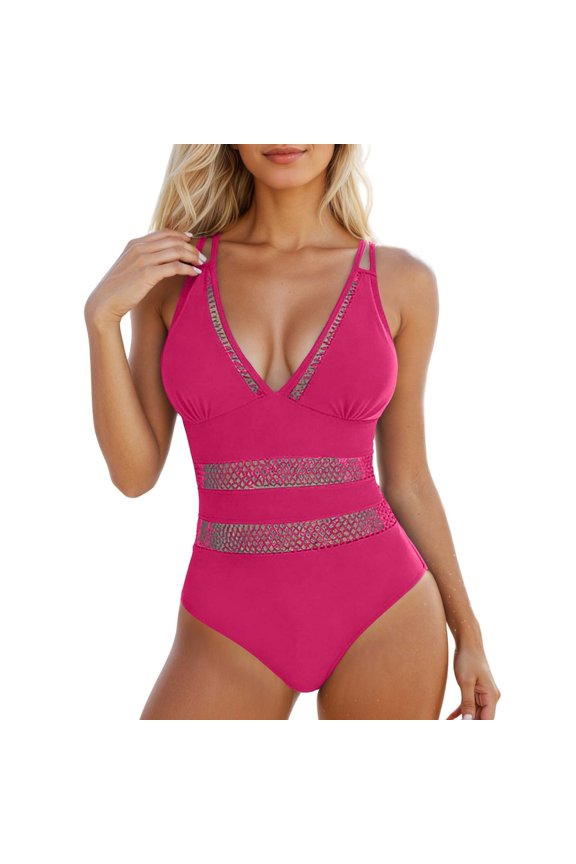 Women's One Piece Swimsuit Bathing Suit V Neck Adjustable Straps Ruched Mesh Back Hook