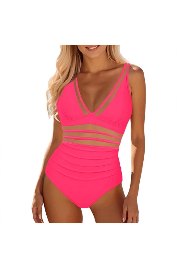 Women's One Piece Swimsuit Bathing Suit V Neck Adjustable Straps Ruched Mesh