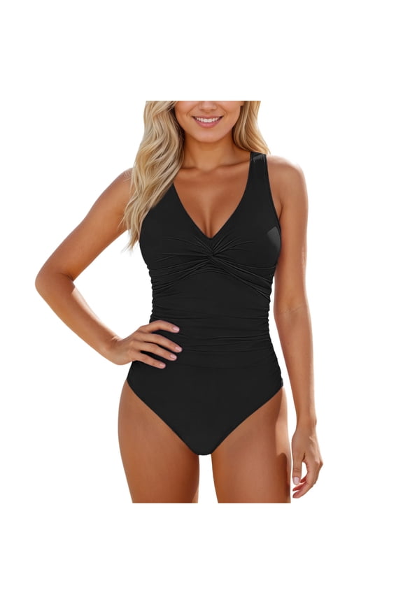 Women's One Piece Swimsuit Wide Straps V Neck Ruched Textured Ribbed Twist Back