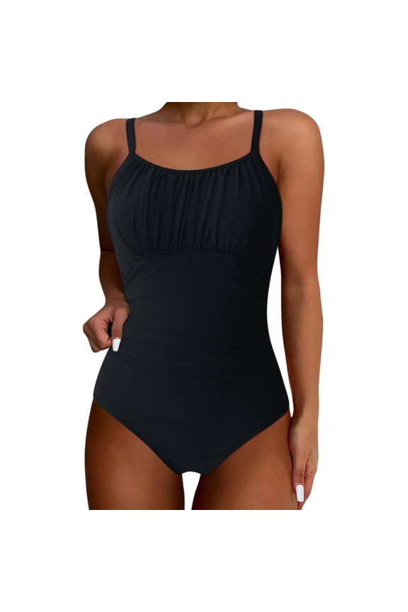 Women's One Piece Swimsuits Tummy Control Bathing Suit Modest Scoop Neck Ruched Adjustable Straps Swimming Suit