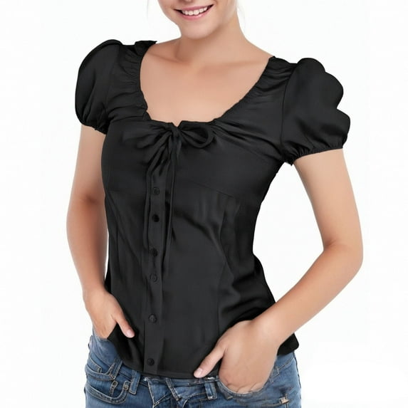 LIUJUNSHOP Women's Plus Size Puff Short Sleeve Button Down Shirts Lace Flare Hem Blouse Top
