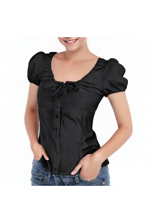 Women's Plus Size Puff Short Sleeve Button Down Shirts Lace Flare Hem Blouse Top
