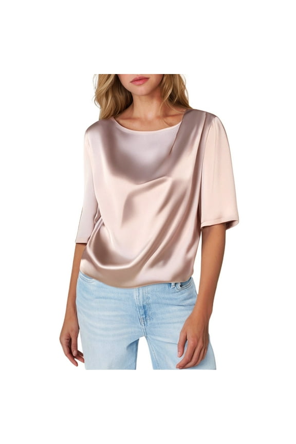 Women's Short Sleeve Pullover Blouses Satin Silk Shirts Casual Loose Work Tunic Tops