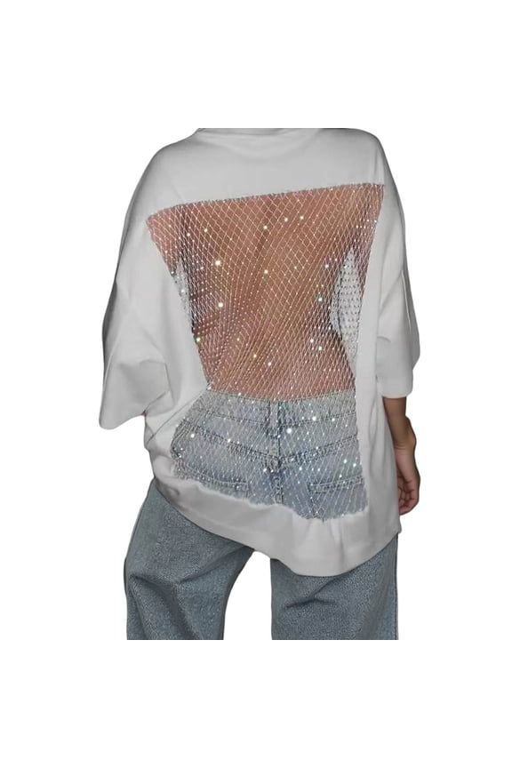 Women's Sparkly Rhinestone Crop Top Long Sleeve Mesh Bikini Cover up Fishnet Shirts Rave Tops
