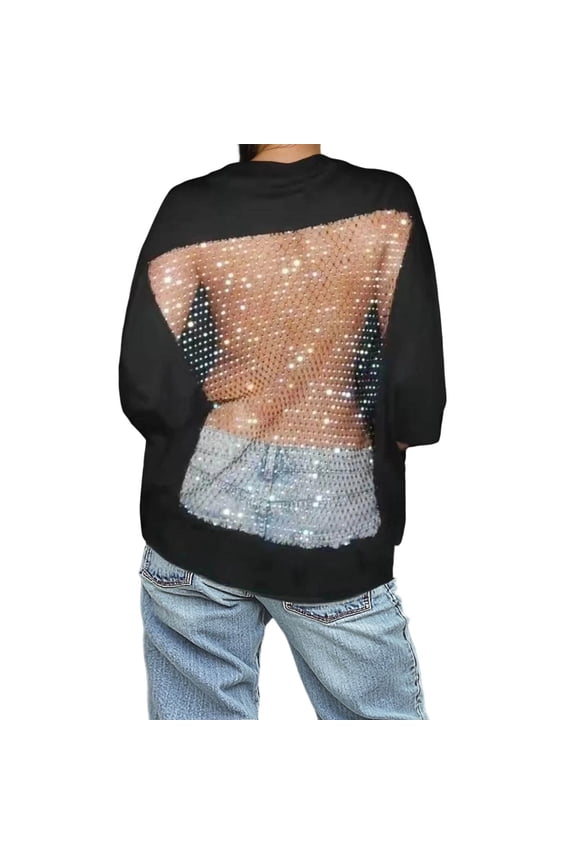 Women's Sparkly Rhinestone Crop Top Long Sleeve Mesh Bikini Cover up Fishnet Shirts Rave Tops