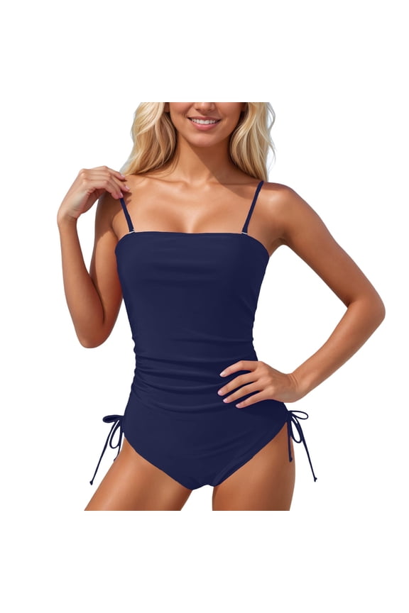 Women's Tankini One Piece Swimsuit Ruched Drawstring Bathing Suits with High Waisted