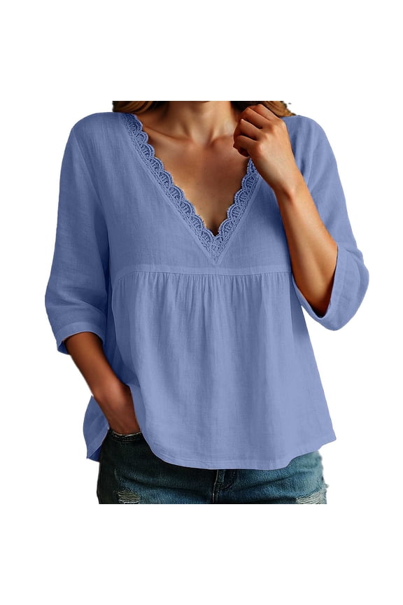 Women's V Neck Lace Collar Blouse Three Quarter Sleeve Pullover Top For Casual Wear