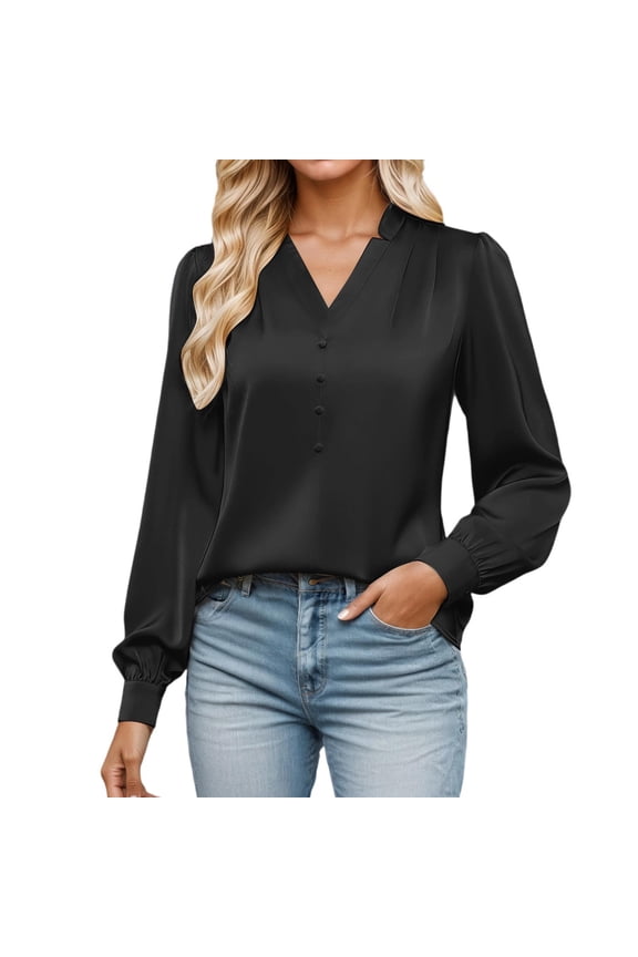 Womens Business Casual Tops Dressy Work Long Sleeve Shirts V Neck Silk Satin Blouses Cute Fall Outfits