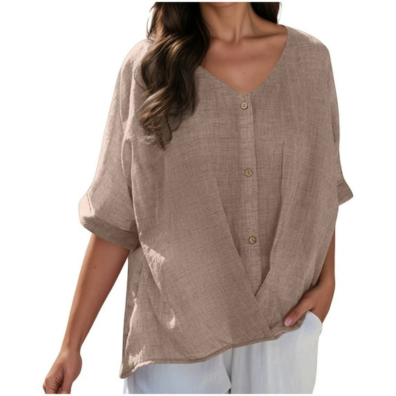 LIUJUNSHOP Womens Button Down Cotton Linen Shirts Summer Casual V Neck Short Sleeve Loose Tee Shirt Vintage Solid Blouse Work Tops