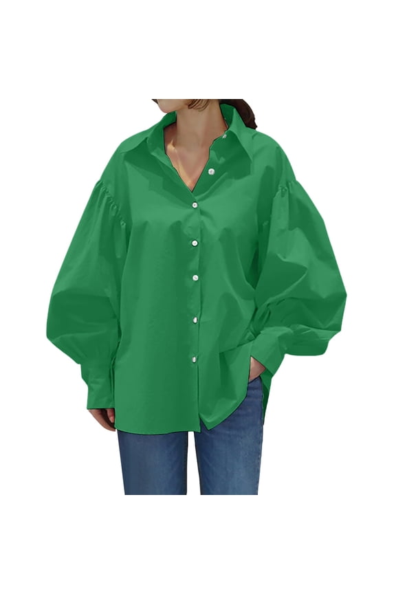 Womens Button Down Tunic Shirts Plus Size Long Puff Sleeve Peplum Tops Collared Blouses