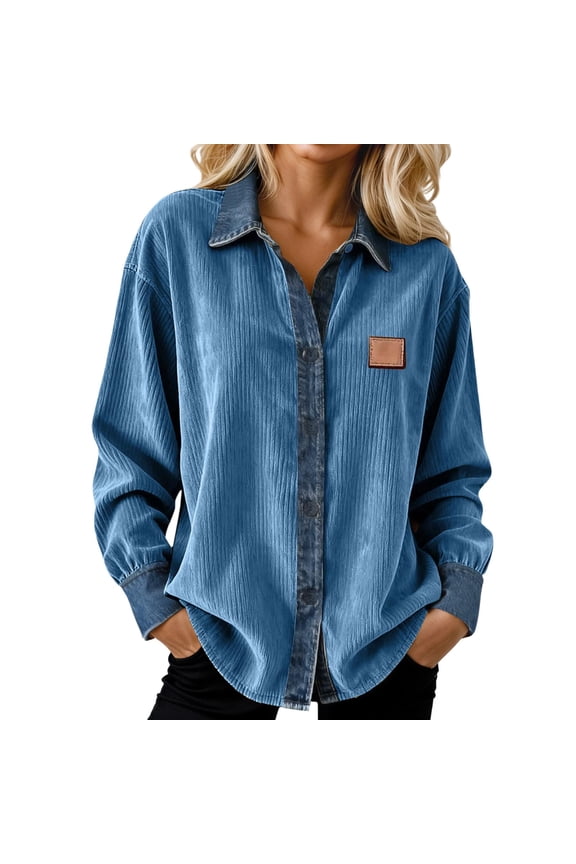 Womens Corduroy Shirts Casual Denim Patchwork Collared Corduroy Jacket Workout Oversized Long Sleeve Pullover Tops