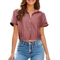 thumbnail image 1 of LIUJUNSHOP Womens Cropped Button Down Shirt Drawstring Waist Blouse Short Sleeve Casual Loose Fit Tops Summer Crop Shirts, 1 of 6