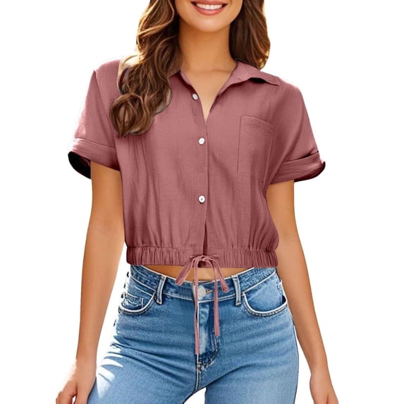 LIUJUNSHOP Womens Cropped Button Down Shirt Drawstring Waist Blouse Short Sleeve Casual Loose Fit Tops Summer Crop Shirts