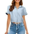 thumbnail image 1 of LIUJUNSHOP Womens Cropped Button Down Shirt Drawstring Waist Blouse Short Sleeve Casual Loose Fit Tops Summer Crop Shirts, 1 of 6