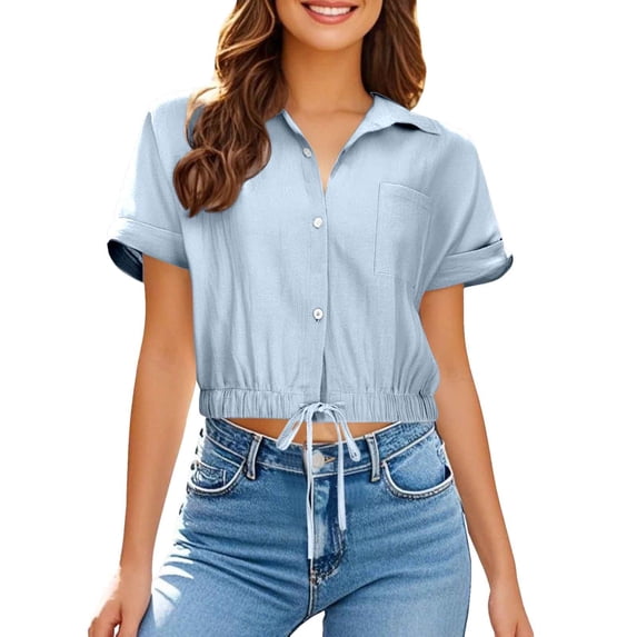 LIUJUNSHOP Womens Cropped Button Down Shirt Drawstring Waist Blouse Short Sleeve Casual Loose Fit Tops Summer Crop Shirts