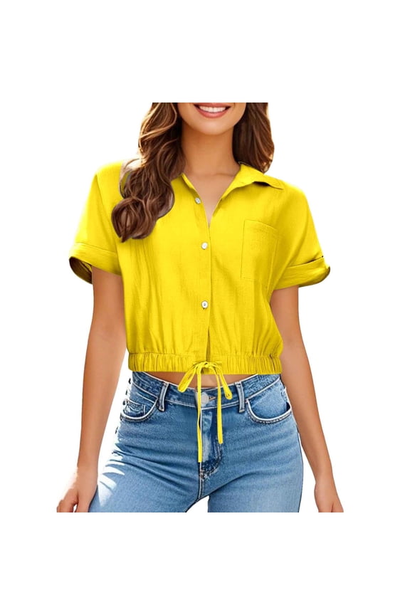 Womens Cropped Button Down Shirt Drawstring Waist Blouse Short Sleeve Casual Loose Fit Tops Summer Crop Shirts