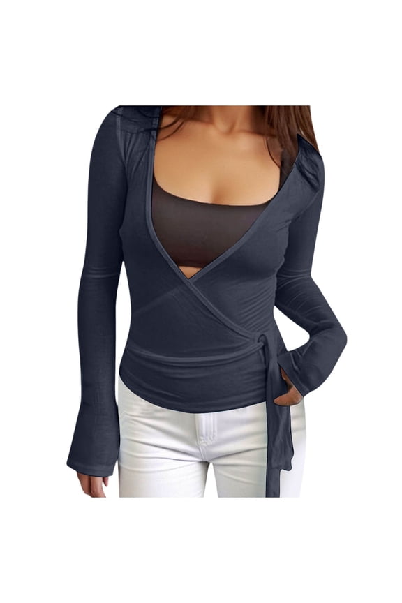 Womens Pilates Wrap Tie Top Slim Fit Long Sleeve Ballet Workout Top Yoga Cover Up Shirt Casual Outfit