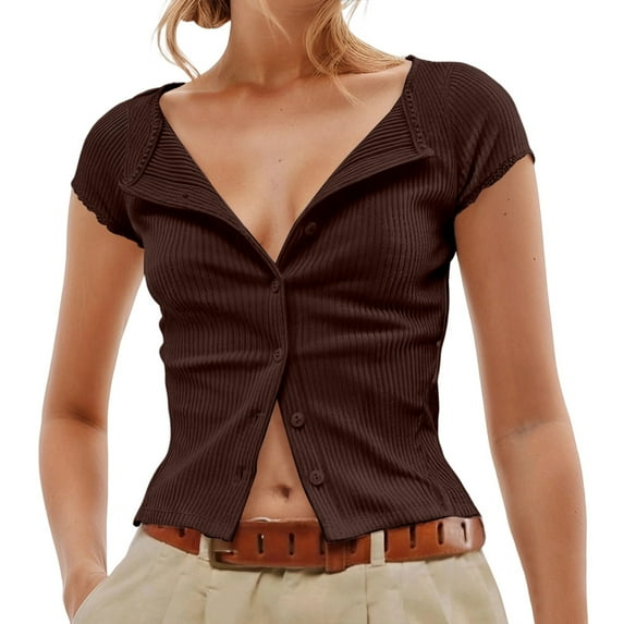LIUJUNSHOP Womens Slim Fitted Shirts Short Sleeve Cardigan Button Down Blouses Y2k Ribbed Tops