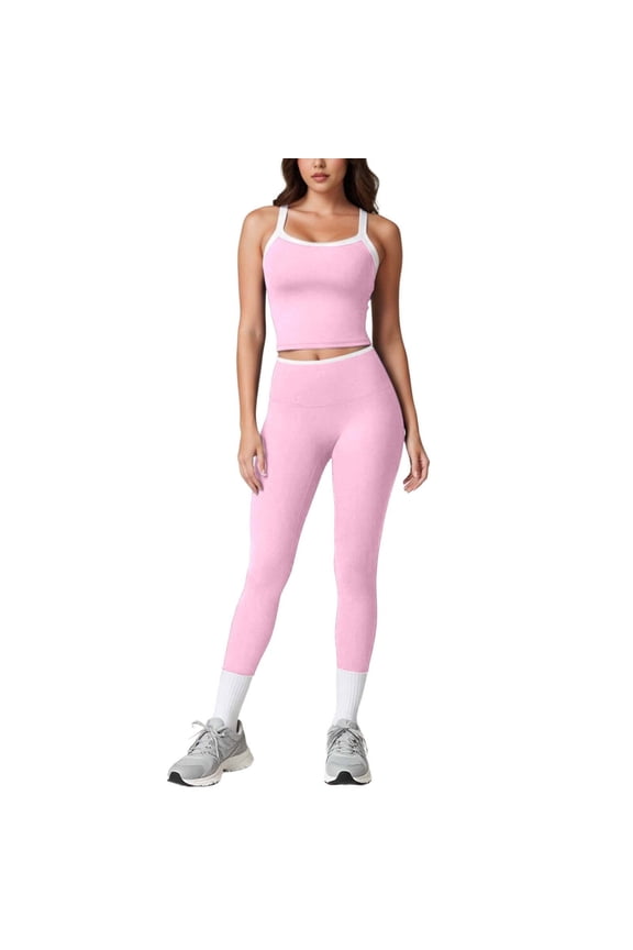 Womens Workout Sets Two Piece Cross Back Tank Top Matching High Waist Leggings Sets Gym Outfits Work Out Clothes Pink L
