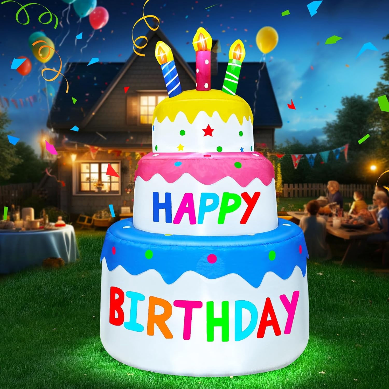 Décoration Gonflable Extérieure Gâteau Anniversaire 6 Pieds - Lumineuse Avec LED, Parfait Pour Jardin Ou Devanture