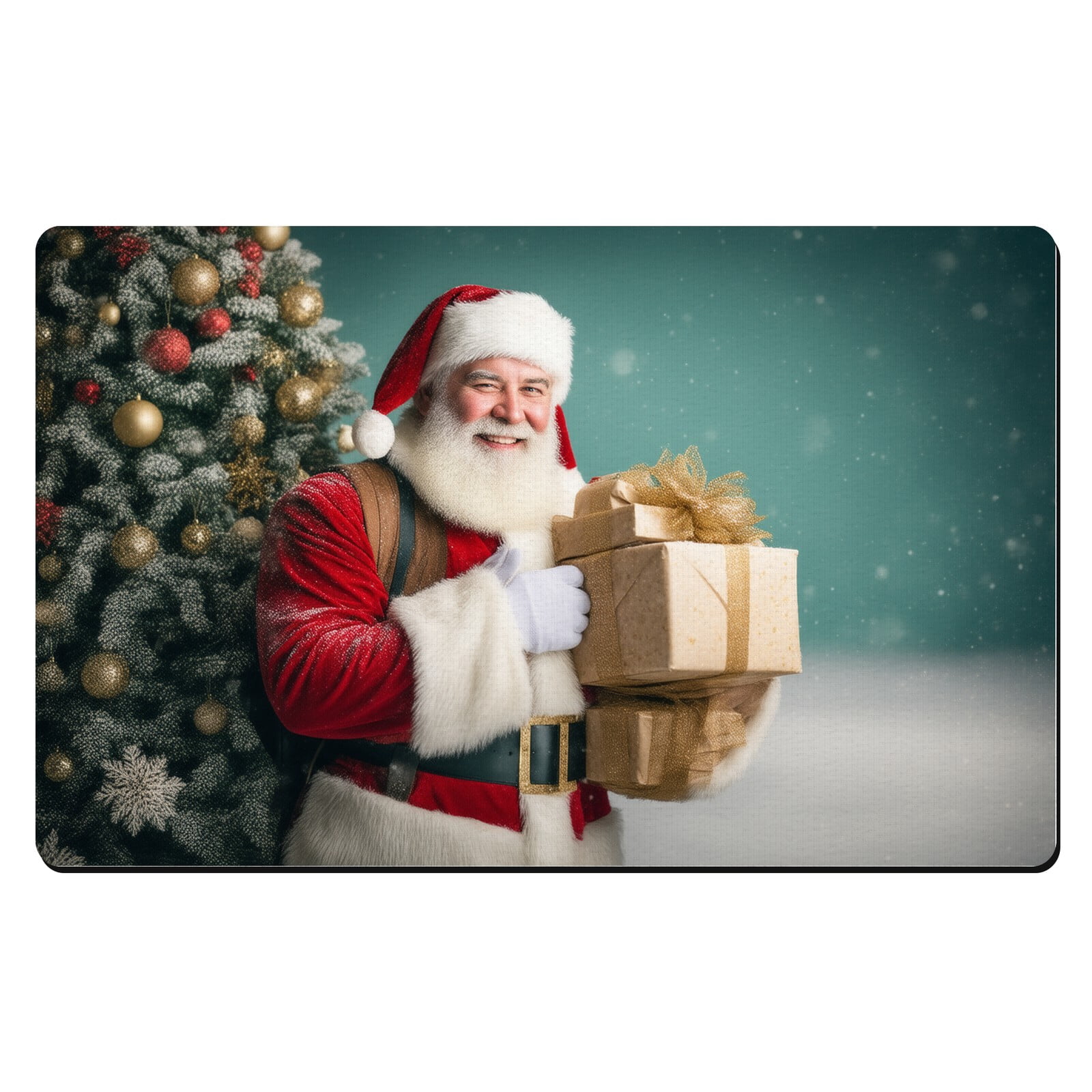 LIUYONG Christmas Mat A man dressed as Santa Claus holding a stack of ...