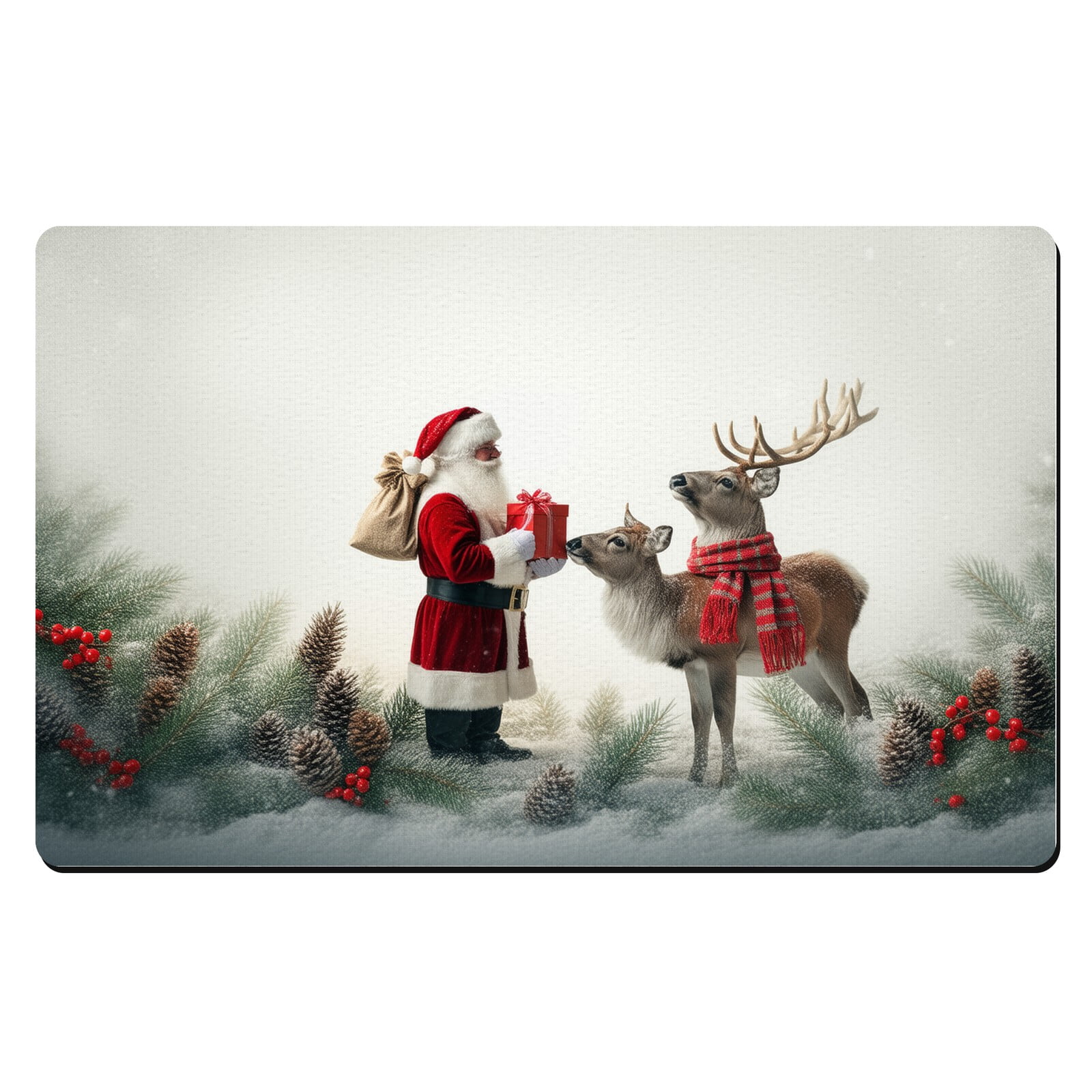 LIUYONG Holiday Mat A santa claus giving a present to a reindeer in the ...