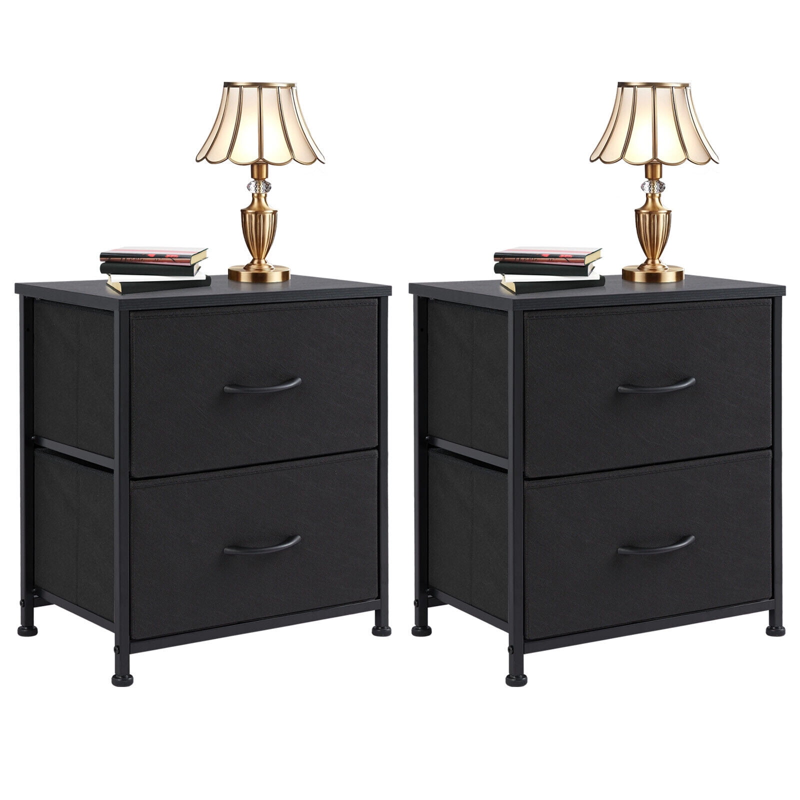 Black Fabric and Wood 2-Drawer Nightstand Set