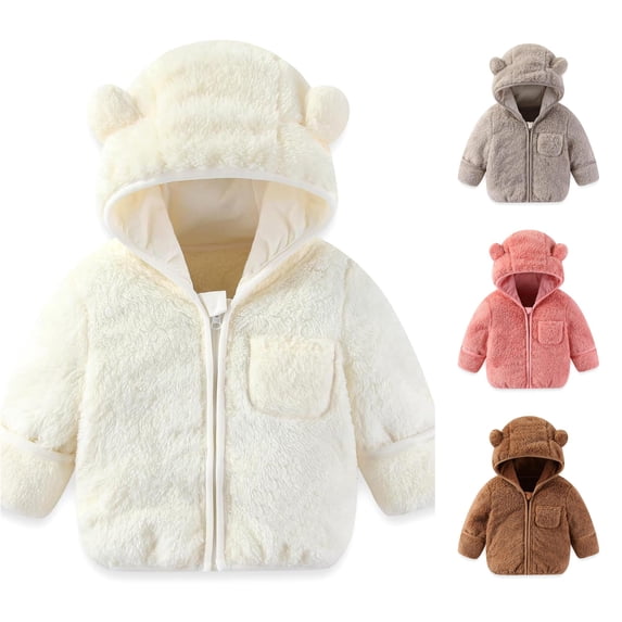 LIUYUNNN Baby Boys Girls Winter Coat With Fold Over Mittens Outwear Jacket Warm Clothes Bear Hooded Boys All Weather Jacket Kids, Size 12-18 Months