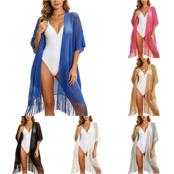 LIUYUNNN Blanket Wraps for Women Metallic Fringe Shawl Wrap Elegant Beach Cover Up Resort Sun Kimono Cardigan, One Size