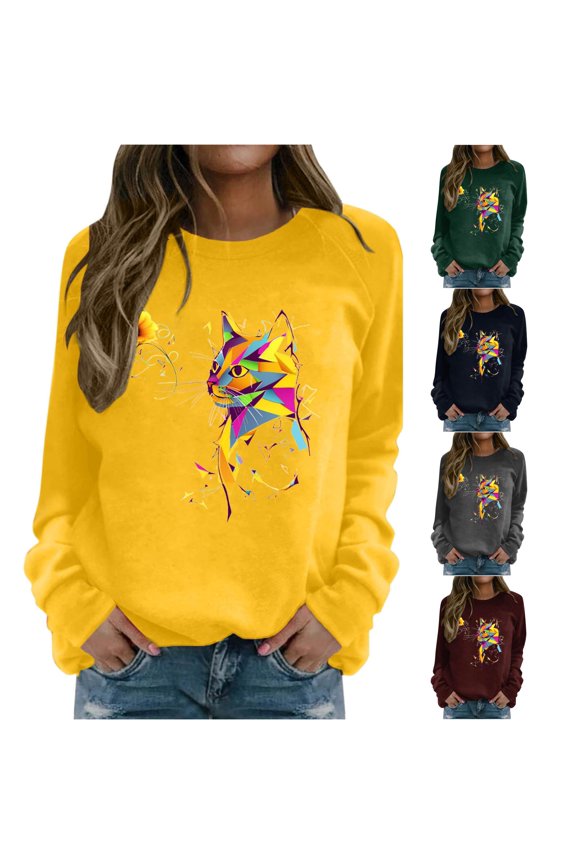Cool Womens Hoodies Women's Casual Round Neck Raglan Long Sleeved Colorful Sunflower Cat Print Pullover Sweatshirt Sweater, Size XXL