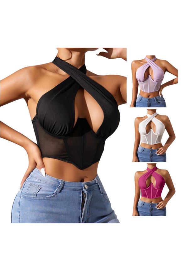 Fashionable Mesh Bustier With Adjustable Neck Tie And Support Sports Bra Bandeau, Size M