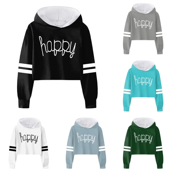 LIUYUNNN Girls Sweatshirt Girls Kids Casual Loose Full Sleeves Hoodies Sweatshirts Hooded Short Pullover Letter Print Striped Crop Tops Girls Tops Boys Jacket 12, Size 8-9 Years