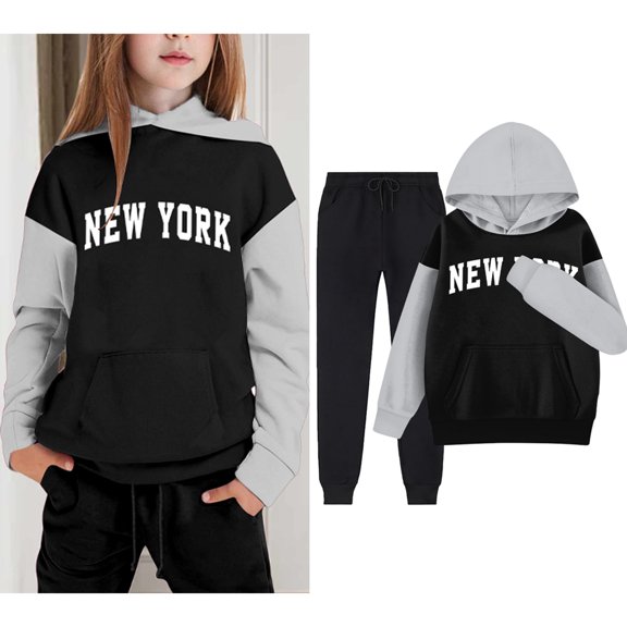 LIUYUNNN Kids Boys Girls Active Sweatsuit 2 Piece Long Sleeve Black Letter New York Soft Hoodie Sweatpants Set Fall Winter Clothes Boys' Tracksuits 12-13 Years Boys Girls Autumn and Winter Outfits