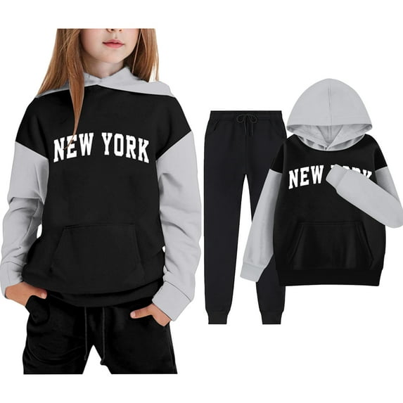 LIUYUNNN Kids Boys Girls Active Sweatsuit 2PC Long Sleeve Black Letter New York Soft Hoodie and Jogger Pants Winter Clothes Boys Girls Jogger Set 10-11 Years Boys Girls Autumn and Winter Outfits