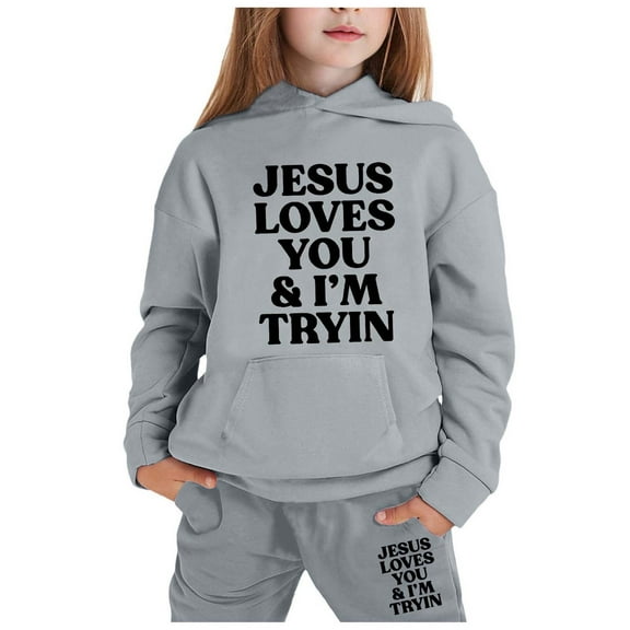 LIUYUNNN Kids Toddler Sweatsuit 2PC Long Sleeve Letter Grey Pullover Hoodie Sweatshirt and Jogger Pants Fall Clothes Girl Clothes Size 6-7 Years Boys Girls Fall and Winter Outfits